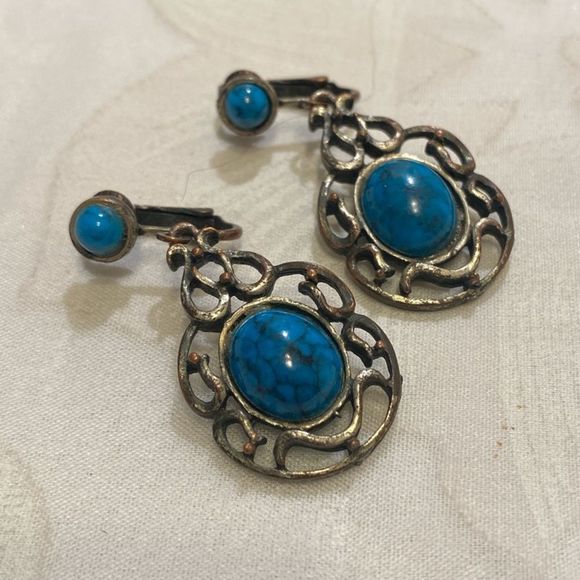 Vintage Silver And Faux Turquoise Dangling Earrings - Picture 11 of 14